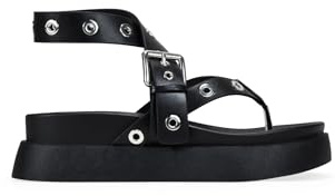 BOSANOVA Sandalias de Dedo con Plataforma para Mujer con Tiras Anchas, Tachuelas Redondas y Cierre con Hebilla Grande. Calzado para Mujer Negro 38