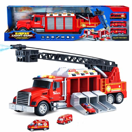 Toyana 2-in-1 Fire Engine Toy & Car Transporter - Large Friction Powered Fire Truck with 3 Mini Rescue Vehicles, Extendable Ladder, Water Spray, Flashing Lights & Siren Sounds for Boys & Girls