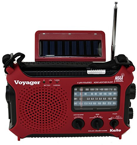 Kaito KA500IP-RED Voyager Solar/Dynamo AM/FM/SW NOAA Weather Radio with Alert and Cell Phone Charger, Red