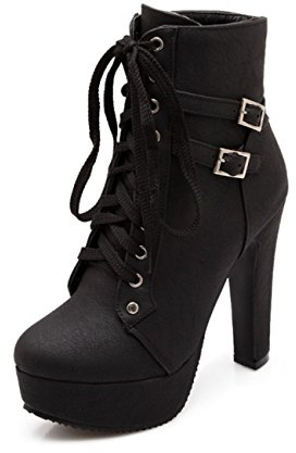 ForeMode Women Autumn Round Toe Lace up Ankle Buckle Chunky High Heel Platform Knight Boots（Black,7）
