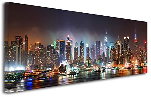DECLINA Panorama New York by Night - stads fototryck på duk landskap väggdekoration - heminredning, kök, vardagsrum, sovrum vuxen - flerfärgad 120 x 50 cm