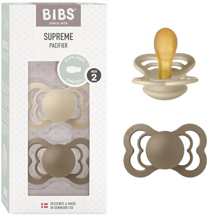 BIBS Supreme Soother 2-Pack, BPA Free Dummy Pacifier, Symmetrical Nipple. Natural Rubber Latex, Size 2 (6-18 Months), Vanilla/Dark Oak