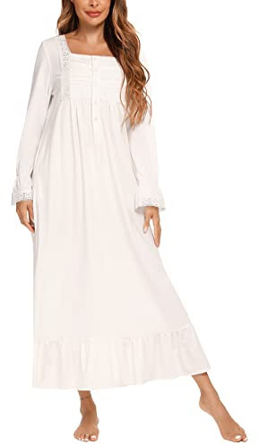 Rubehoow Nachtwäsche Damen-Nachthemd Vintage-Stil Quadratischer Ausschnitt Knopfleiste Spitze Langärmlig Nachthemd in Voller Länge (Weiß, L)