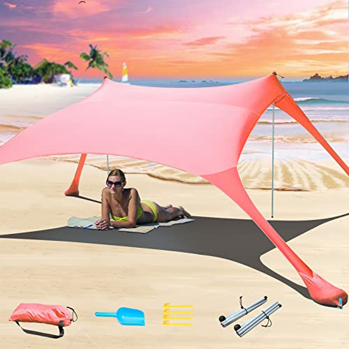 CUUPO Tienda de campaña de Playa 2 x 2.1 m, protección UV UPF50+, toldo para Exteriores con 2 Postes para Camping, Pesca, Patio Trasero y picnics con Manta,Rojo