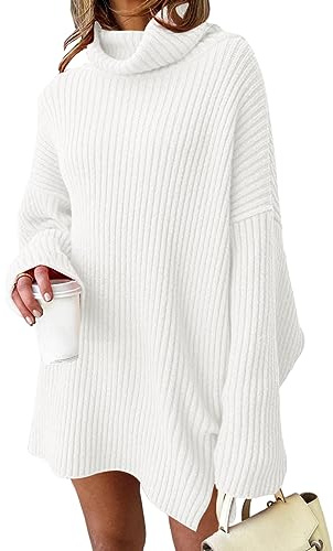 LILLUSORY Womens Turtleneck Oversized Long Sweater Dress 2026 Plus Size Tunic Pullover Knit Winter Dresses White L