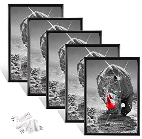 Dmyifan 5er Bilderrahmen DIN A3 Schwarz Set, Fotorahmen mit Plexiglas, Hoch- und quer aufhängbarer Rahmen für Fotos. Portraits | Picture Frame