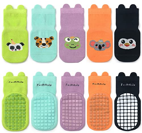 FedMois 5er Pack Baby Kleinkinder ABS rutschfeste Socken Sneaker Socken Tiermotive Baumwolle, Panda, 3-5 Jahre