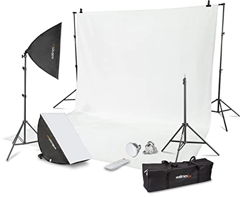 Walimex Pro Premium fotostudioset inkl. 2 x lampstativ med 2 x LED-softboxar 40 x 60 cm bi-färg och komplett teleskop bakgrundssystem 120–307 cm med tygbakgrund, vit