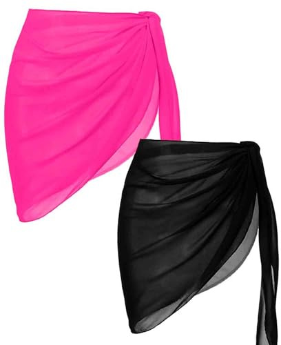 AVAYUU 2 stycken strandwrap för damer, sarong, täckande chiffong, baddräkt, kort, bikini, cover up, omlottkjolar, leopard, blad, kokospalm, sexig pareos, strandhandduk, strandklänning, handdukar, sommar, Svart – rosaröd, En Storlek