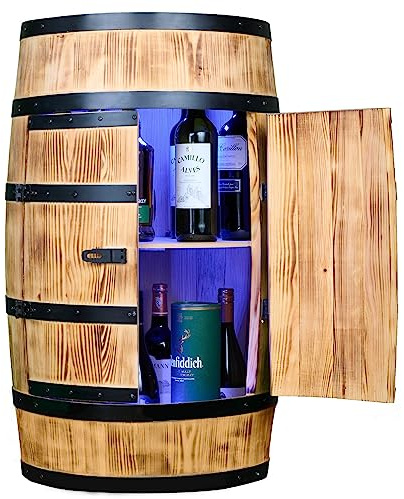 CREATIVE COOPER Botte di vino con porta e LED RGB – Armadietto per bottiglie in legno – Barile in legno – Mobili in legno – Wineregal – Wine bar – Barile con porta – 80 cm (bruciato dal sole)