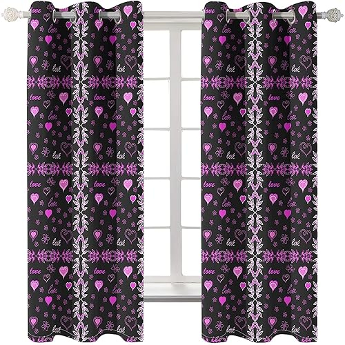 Homxi Blickdichte Vorhänge Kinder 2er Set,2 x 107W x 138H cm,Vorhänge Blickdicht Kinderzimmer Schwarze Fuchsie Herz Ösenvorhang Gardine