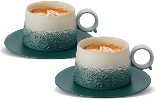 ZENS Cappuccino Cups and Saucers Set of 2, 220 ml Gradient Ceramic Cappuccino Mug for Au Lait, Dark Green Embossed Artistic Cappuccino Coffee Cups for Latte Art, Cafe Mocha or Tea, Baristas Gifts