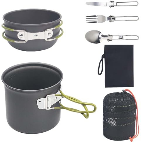 Camping Kochgeschirr Set für 1-2 Personen, Camping Geschirr Set aus Aluminium, Tragbare Camping Topf Pfanne Set mit Faltbare Besteck, Besteck Outdoor Topfset für Kochgeschirr Reisen Wandern