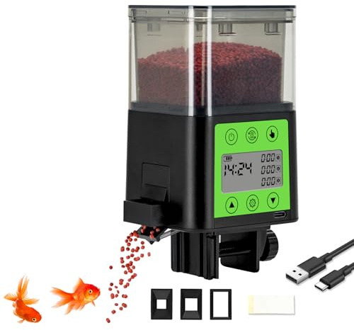 Podazz Automatic Fish Feeder for Aquarium with Timer, LCD Display 320ML Large Capacity Adjustable Fish Dispenser, Operated Feeders for Goldfish, Turtle for Vacation, Weekend or Daily Use(Green)