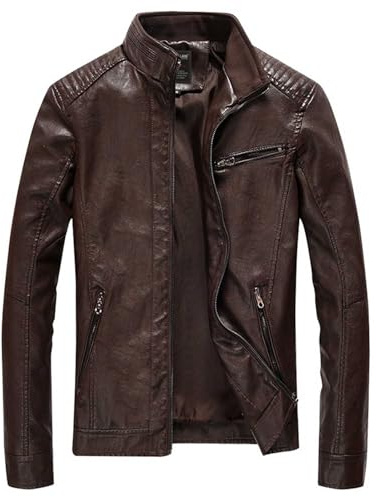 Men's PU Leather Jacket,Vintage Biker Motorcycle Racer Faux Coat,Stand Collar Long Sleeve Zipper Retro Overcoat with Pockets,Men Autumn Winter Outdoor Streetwear Windproof Warm Parkas Outerwear M-3XL
