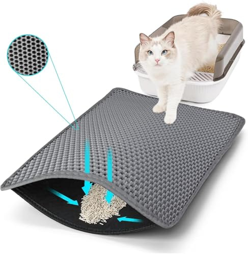 Katzenklo Matte Grau 75×55 CM– Doppelschicht Katzenstreu Matte mit Waben-Design, Wasserdicht & Rutschfest, Katzenstreumatte Katzenklo Unterlage Vorleger