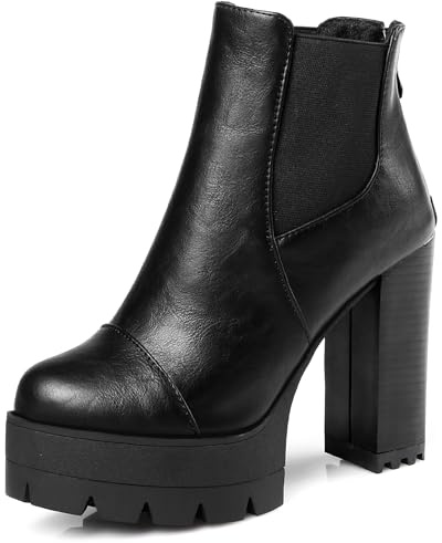 LarDorLin Donna Punta Rotonda Tacco Alto a Blocco Plateau Stivaletti con Fibbia Inverno Moda Chunky Chelsea Zip Polacchine Nero Numero 33 EU