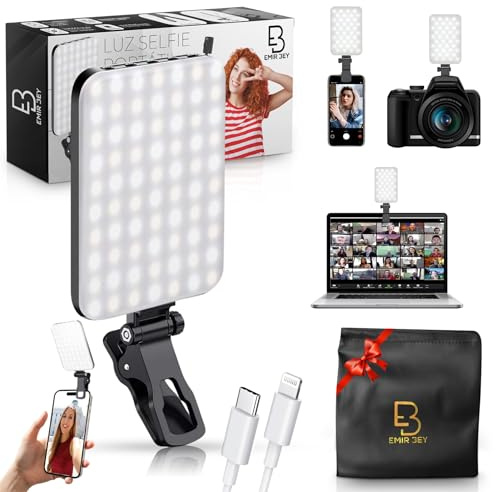 128 LED Luz Selfie Portátil Recargable USB con Clip y Rosca 1/4” – Luz Regulable 2500-9000K para Selfies, Vídeos, TikTok, Youtube y Videollamadas + Funda de Regalo