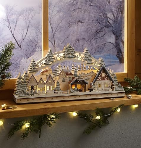 EUROtops LED-Schwibbogen „Bäckerei“ – Holz Weihnachtsdorf mit Musik, 12 warmweißen LEDs, detailreiche Winterlandschaft, Festliche Deko mit Netzteil