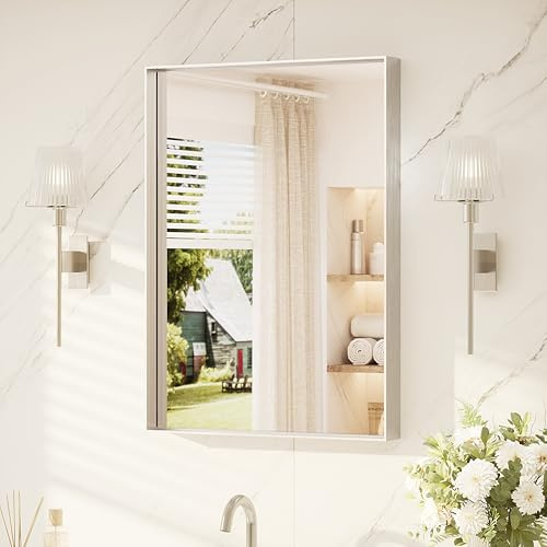 TETOTE Brushed Nickel Bathroom Mirror 22 x 30 Vanity Mirror for Over Sink Brushed Nickel, Tempered Glass, Modern Farmhouse Rectangle Frame Wall Mirrors for Bathroom, Bedroom, Entryway, Living Room