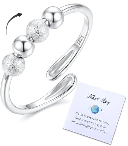 Milacolato Bague Anti Stress Femme Argent 925 Bague Reglable Femme Or Argent Spinner Ring Femmes avec Perles Bagues Anti-Stress Anneau Tournant pour Fille Femmes-S