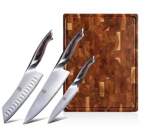 ENOMARA Set de cuchillos de cocina con tabla de acacia – regalo premium original para hombre y mujer – cuchillo chef, santoku y multiusos – acero inoxidable