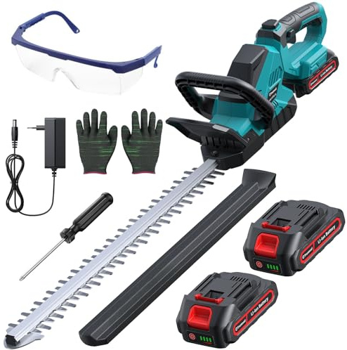 Tijera de Setos a Batería con 2 Baterías 2000mAh, Cortasetos Eléctrico 1000W con Motor Sin Escobillas, Cuchilla 52cm, Cabezal Ajustable 180°, Corte 16mm para Arbustos y Setos