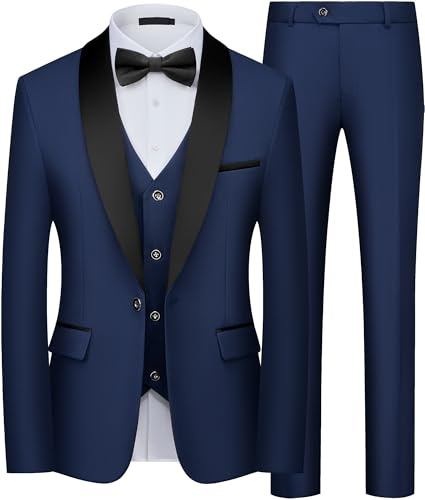 QUELDRA Abito Uomo Slim Fit 3 Pezzi, Elegante Smoking con Bavero a Scialle e 1 Bottone, Completo da Cerimonia per Matrimonio Sposa e Gala Giacca, Gilet e Pantaloni Blu Navy XL