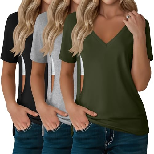 Xuniea Pack de 3 Camisetas de Lactancia para Mujer, Tops de Lactancia con Cremallera Oculta para Amamantar y Sacaleches, Cuello en V Manga Corta