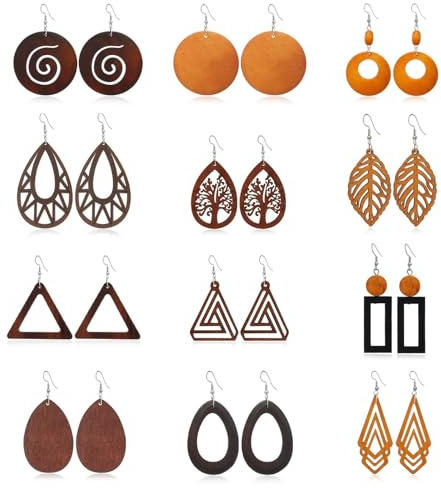 Xusxes Pendientes de Madera Bohemios, 12 Pares Aretes Colgantes Étnicos | Pendientes boho de madera maciza, geometría vintage marrón, ligeros, versátiles, combinables para el día a día, regalo