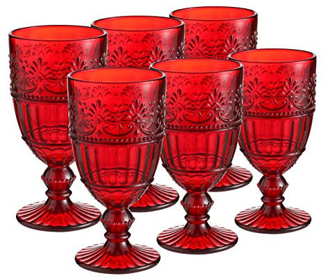 Hyperspace Vintage Red Embossed Goblet Glasses Set of 6, 11 oz Heavy Glass Water Wine Glassware, Dishwasher Safe Colored Glass Cups for Christmas Holiday Table Decor