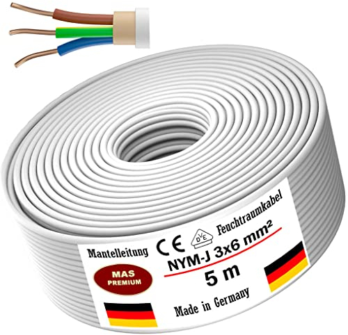 MAS-Premium Feuchtraumkabel Stromkabel von 5 bis 80m Mantelleitung NYM-J 3x6 mm² Elektrokabel Ring für feste Verlegung (5 m)