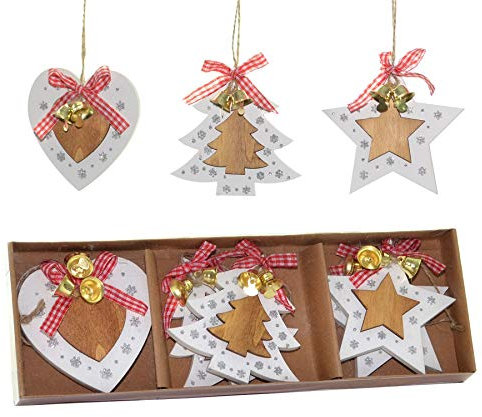 SHATCHI Ornamenti per albero di Natale in legno estetico da appendere, set di 6 pezzi con nastri e campane, decorazioni per la casa fai da te - 2 stelle, 2 cuori, 2 pezzi a forma di albero (8 cm)