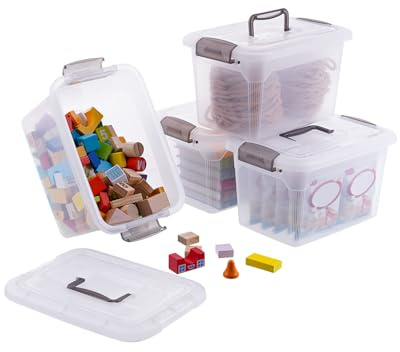 Citylife 4 Packs 6 QT Storage Bins with Lids Clear Plastic Bins with Grey Handle Stackable Storage Containers for Organizing