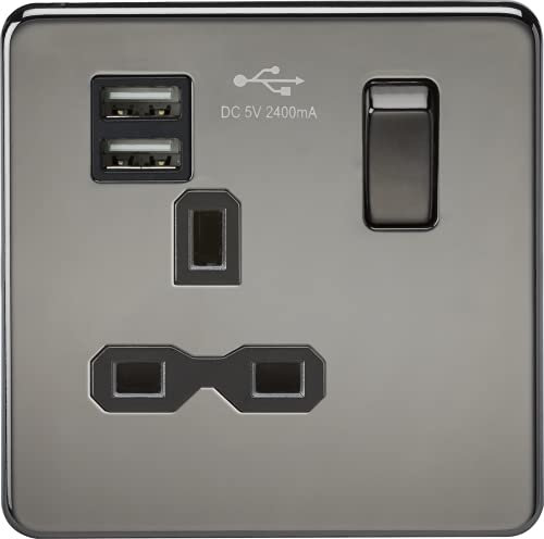 Knightsbridge Screwless Single Switched Socket with Dual USB Charger in Black Nickel with Black Insert, SFR9124BN