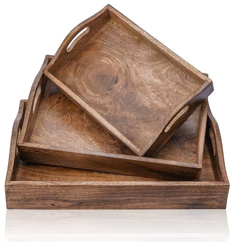 Ajuny 3 Plateaux de Service en Bois Rectangulaires à Poignées Emboîtables