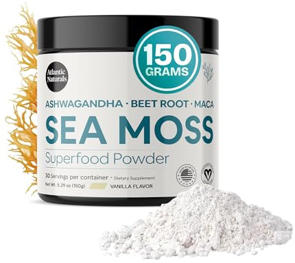 Atlantic Naturals Superfood Organic Sea Moss Powder Blend with Ashwagandha, Maca Root & Beet Root | Ideal for Healthy Skin, Positive Mood & Energy | Vanilla Flavor (150g)