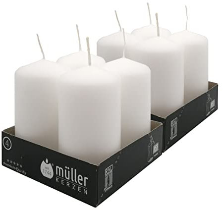 Müller - Velas blancas de columna cilíndrica, juego de 8 velas, 48 x 90 mm, color blanco, larga duración de 16 horas, cera antigoteo, sin olor, calidad RAL