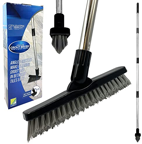 Brosse de nettoyage coulis coudée, poils rigides, brosse de bain avec manche en métal à 4 sections, brosse à récurer avec long manche pour carrelage, salle de bain et coins difficiles à atteindre