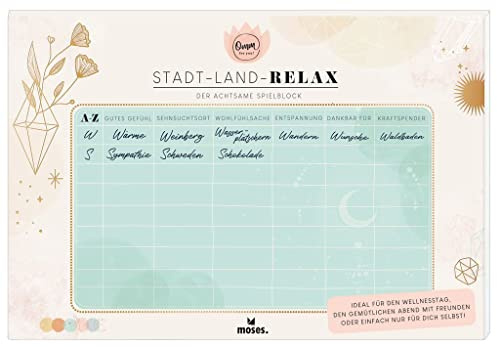 Moses. Stadt-Land-Relax-Block, Die achtsame Stadt-Land-Fluss Version für Erwachsene, Spielblock mit 50 Blatt, Allein oder mit beliebig vielen Freunden spielbar, Für Mädeslabende und schöne Gespräche