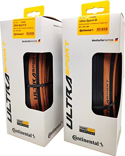 Continental Ultra Sport III - Road Bike Tire | Versatile Road Tire with Modern Tread Design - E25 Ebike Rated - PureGrip, 2 Pack (Black/Brown) (700x28)