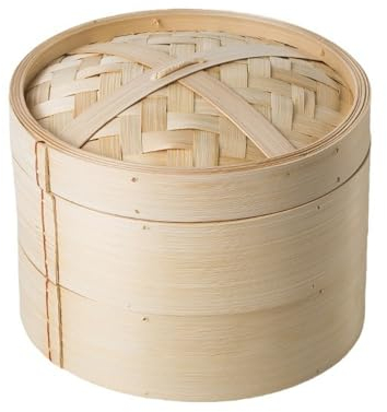 Soulnioi Vaporera de bambú de 18 cm, cesta de vapor de alimentos de dos niveles, incluye tapa de bambú y 2 cestas de bambú, ideal para cocina asiática, bollos, albóndigas, verduras, pescado