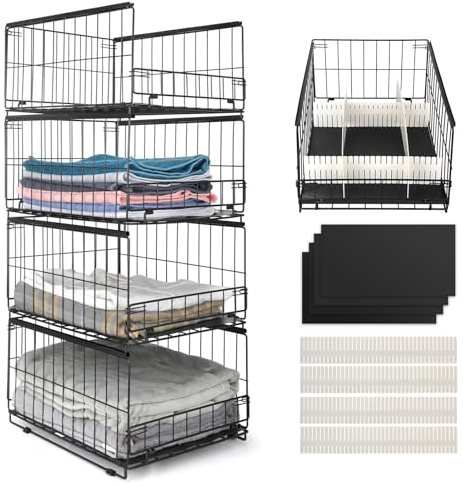 Wuciray Pack of 4 Wardrobe Storage Organiser Clothes Organiser For Wardrobe Clothes Deep Drawer Storage Boxes For Wardrobe Stackable Closet Storage Cubes With Dividers