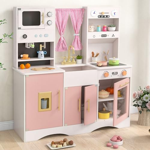 INFANS Kids Kitchen Playset, Cooking Toy Kitchen Set with Coffee Machine Stove Removable Sink Microwave Storage Cabinet, Simulation Wooden Play Kitchen for Toddler Boys Girls