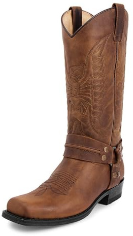 LMUIPMAA Botas De Moto con Punta Cuadrada para Hombre Botas De Equitación Bordadas Estilo Vaquero Occidental Botas De Media Pantorrilla,Marrón,42 EU