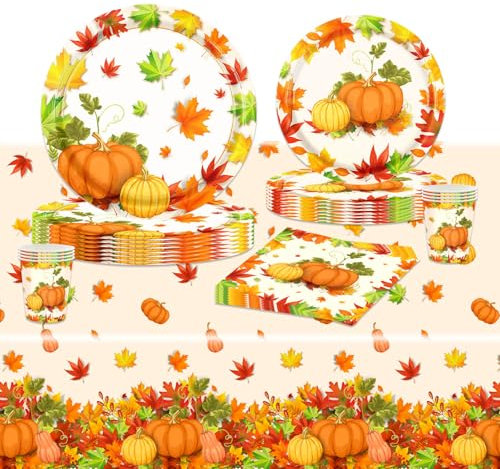 POPOYU Set di stoviglie da festa da 69 pezzi, tovaglia da 137 x 274 cm, tovaglioli e bicchieri di carta per la decorazione autunnale del Ringraziamento