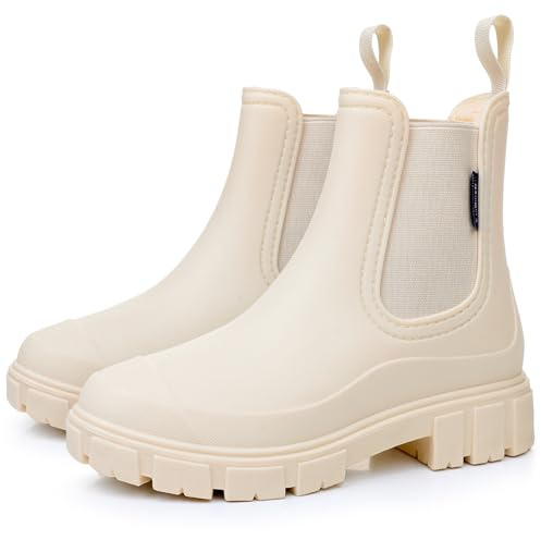 FOGOIN Women Ankle Wellies Chelsea Rain Boot | Slip-on, Pvc Waterproof, Lightweight Anti-slip Chelsea Booties, Flexible/Durable, 3MM Thick Outsole, Outdoor Rain Garden
