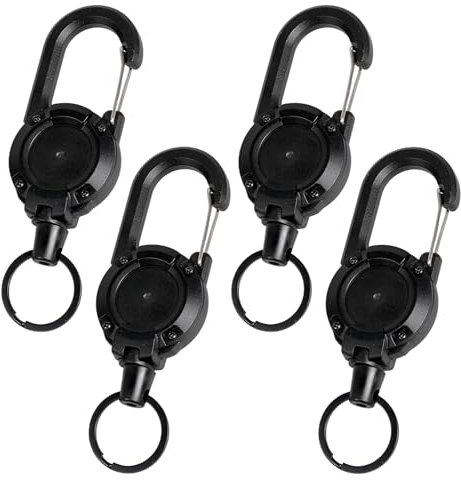 OWLMATE 4 llaveros extensibles con cuerda de acero retráctil, cordón retráctil con cable de alambre de acero de 60 cm, soporte para tarjetas de identificación extensible con mosquetón (negro)