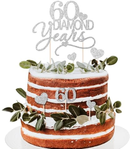 7pcs Décoration de Gâteau de Mariage 60e Anniversaire Cake Cupcake Topper à Paillette 60 Diamond years Cœur Argent Gâteau Topper Brillant Personnalisé avec Bâtons Décoration de Table pour Fête Mariage