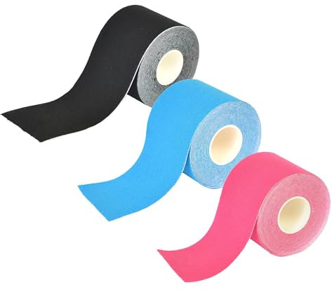 Tape Kinesiologico SPORTHERAPY: Allevia Contratture e Tensioni Muscolari - 90% Cotone, Non Contiene lattice - Certificato Dispositivo Medico | 5CM X 5M (Nero - Fucsia - Azzurro 3PZ)